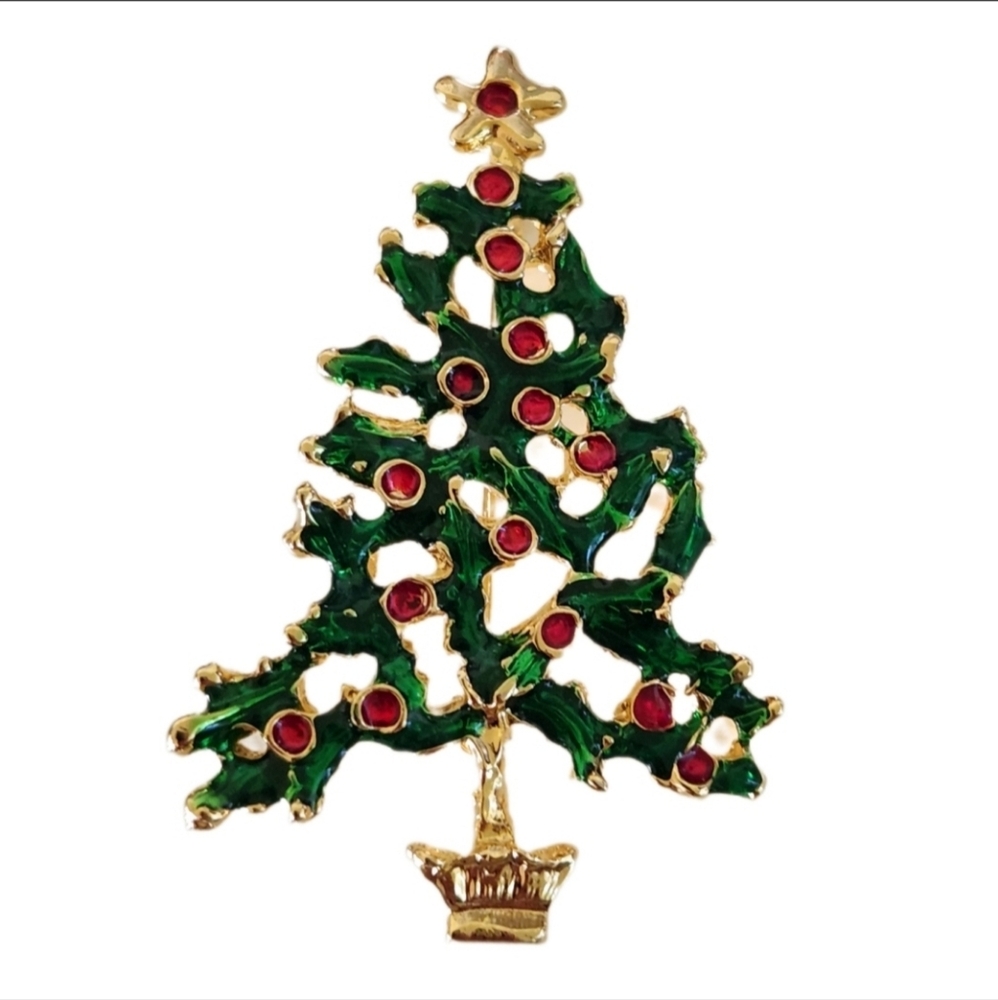 Vintage Gold Tone Enameled Holly Berry Christmas Tree Brooch